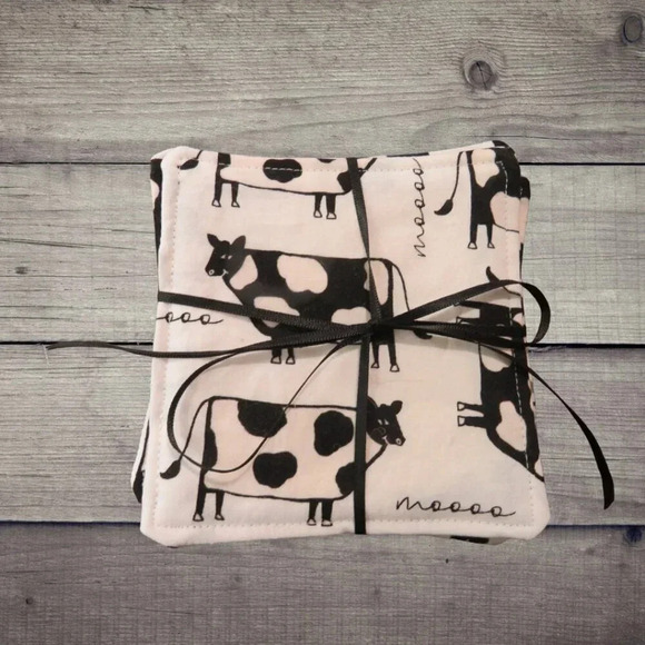 Fabric Coasters, Set Of 4, Reversible Cows and Black and White Ticking - Picture 1 of 6